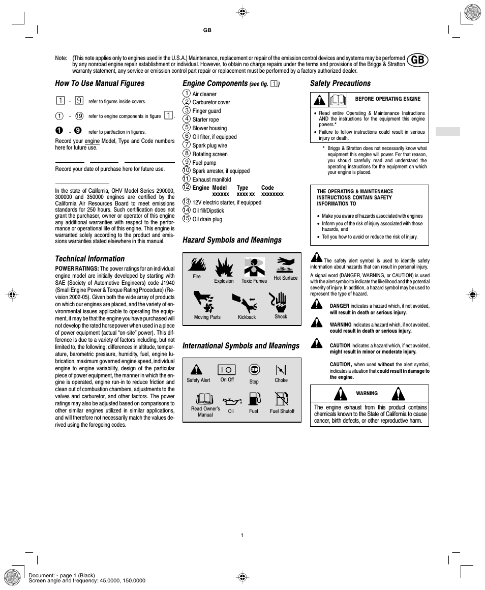 How to use manual figures, Technical information, Engine components | Hazard symbols and meanings, International symbols and meanings, Safety precautions | Briggs & Stratton MS-5158-5/03 User Manual | Page 3 / 10