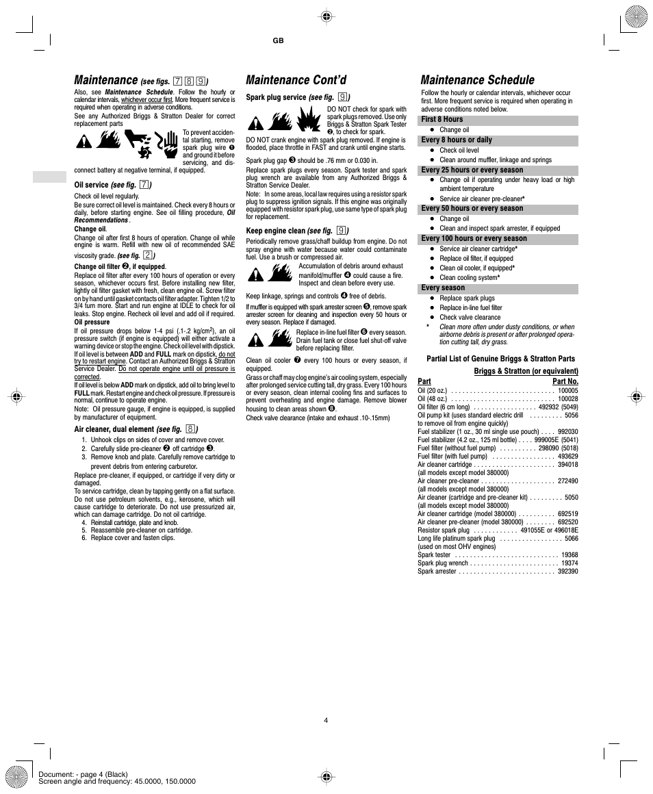 Maintenance, Maintenance cont'd, Maintenance schedule | Briggs & Stratton MS-5158-5/03 User Manual | Page 6 / 10