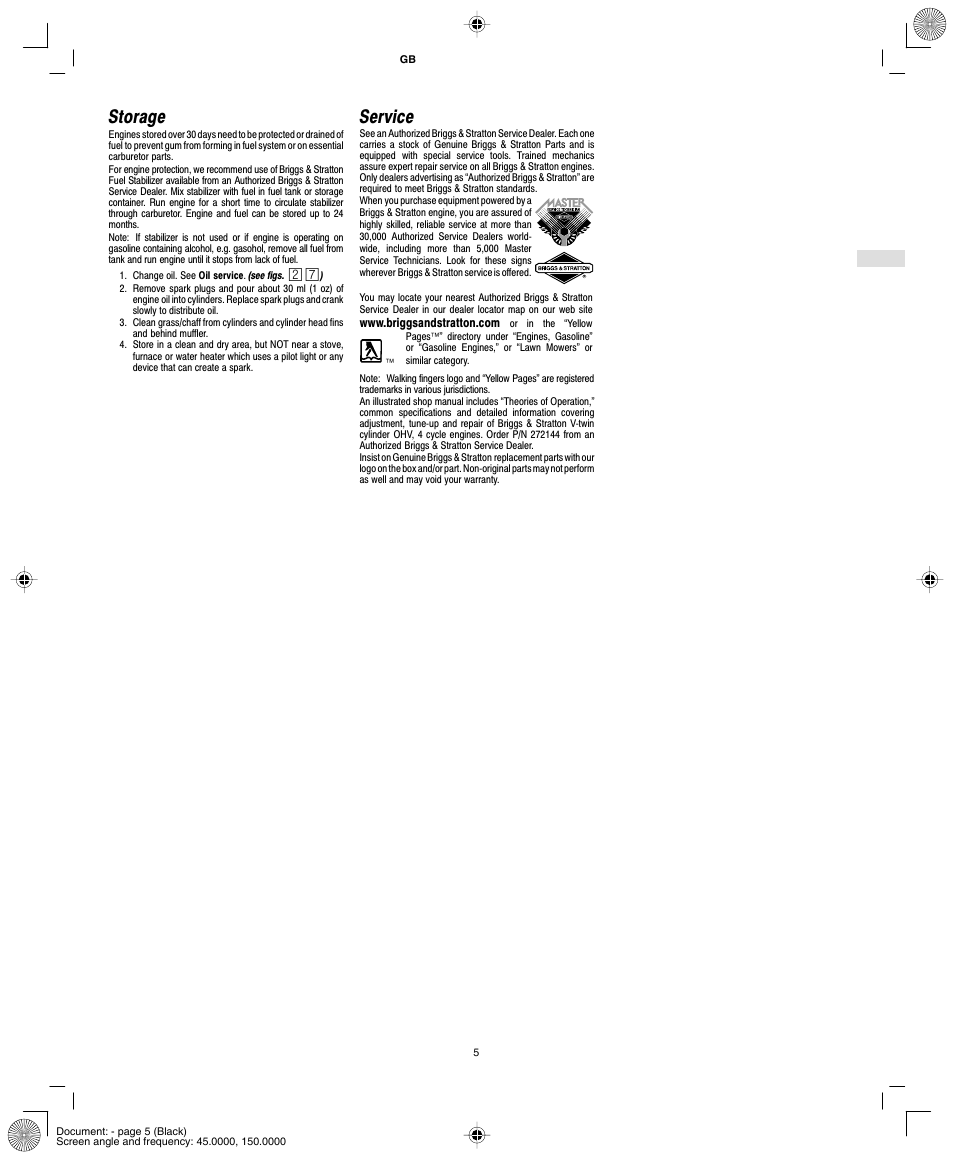 Storage, Service | Briggs & Stratton MS-5158-5/03 User Manual | Page 7 / 10