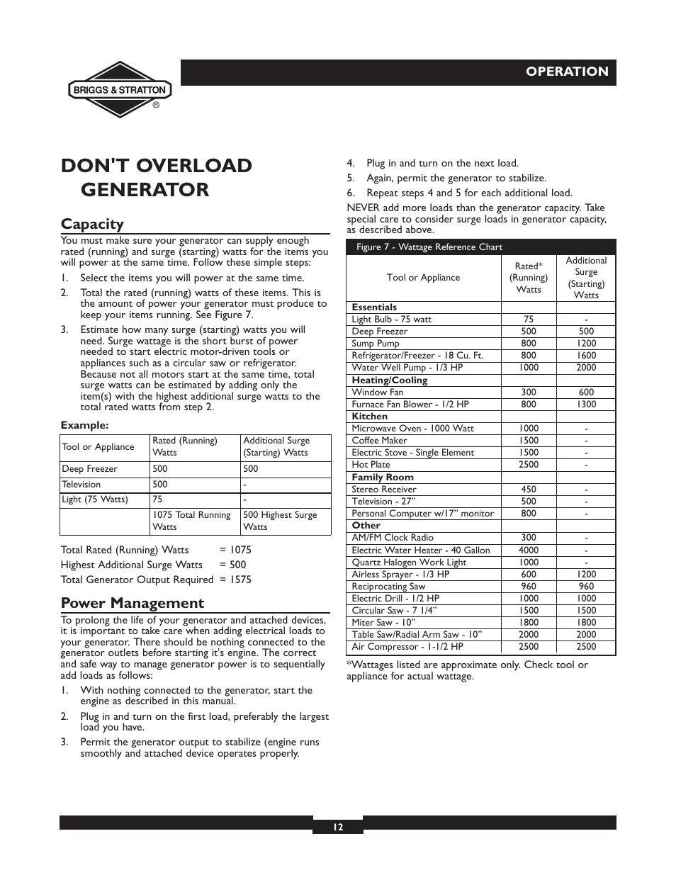 Don't overload generator, Capacity, Power management | Operation | Briggs & Stratton 01532-4 User Manual | Page 12 / 48