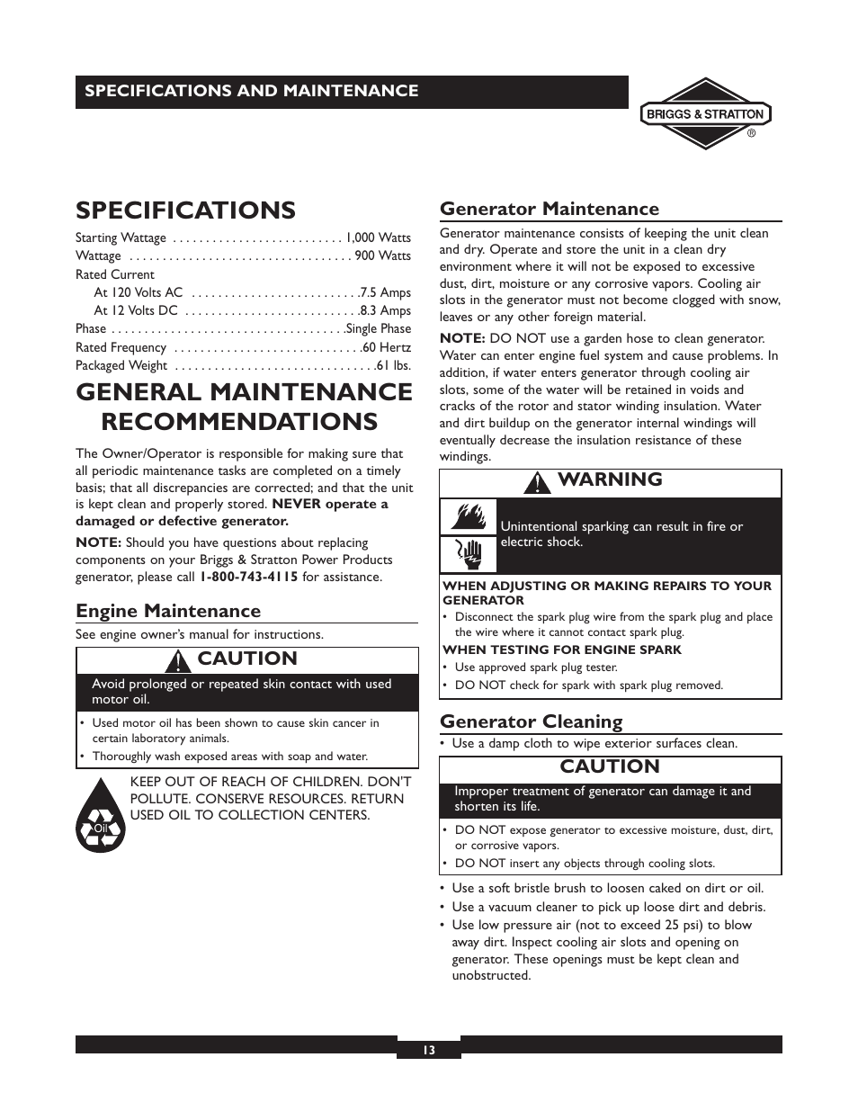 Specifications, General maintenance recommendations, Engine maintenance | Generator maintenance, Generator cleaning, Caution, Warning | Briggs & Stratton 01532-4 User Manual | Page 13 / 48