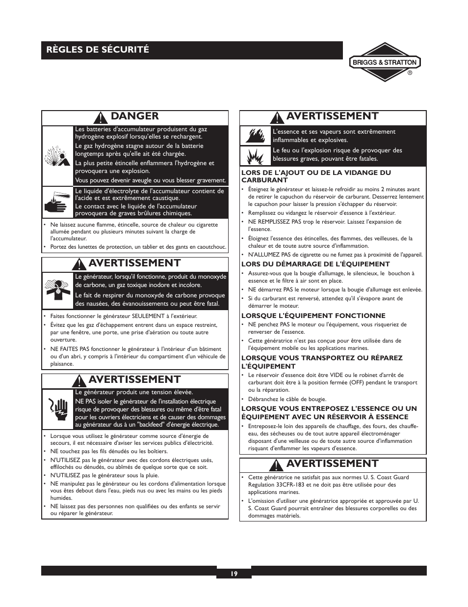 Avertissement, Danger, Règles de sécurité | Briggs & Stratton 01532-4 User Manual | Page 19 / 48