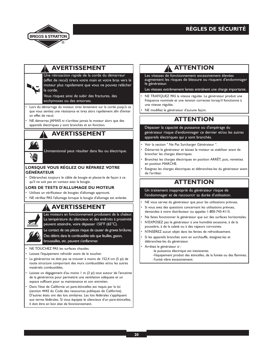 Attention, Avertissement, Règles de sécurité | Briggs & Stratton 01532-4 User Manual | Page 20 / 48