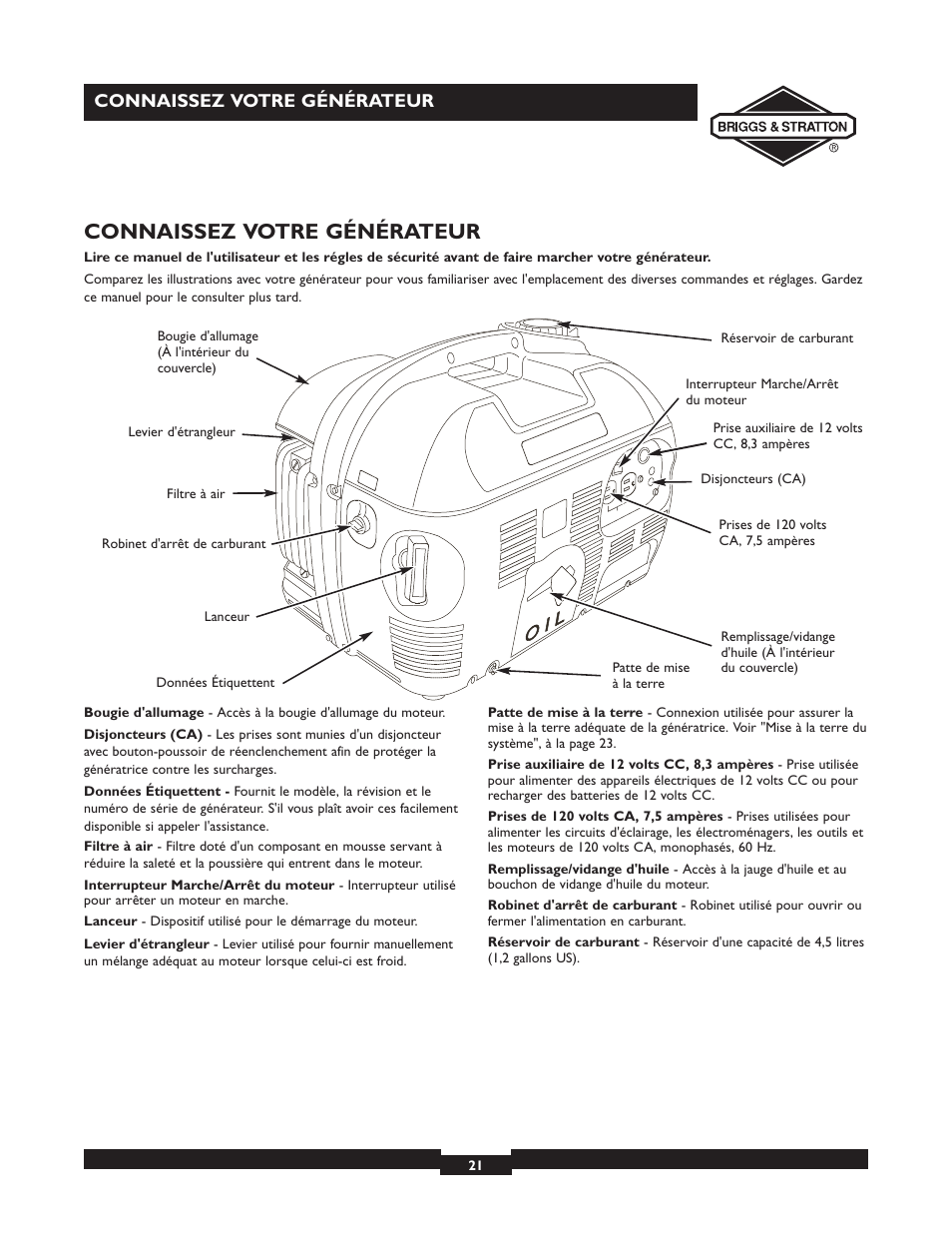 Connaissez votre générateur | Briggs & Stratton 01532-4 User Manual | Page 21 / 48