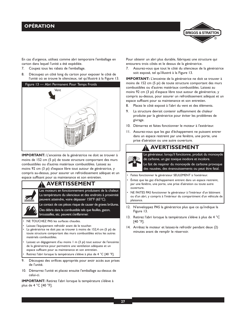 Avertissement, Opération | Briggs & Stratton 01532-4 User Manual | Page 27 / 48