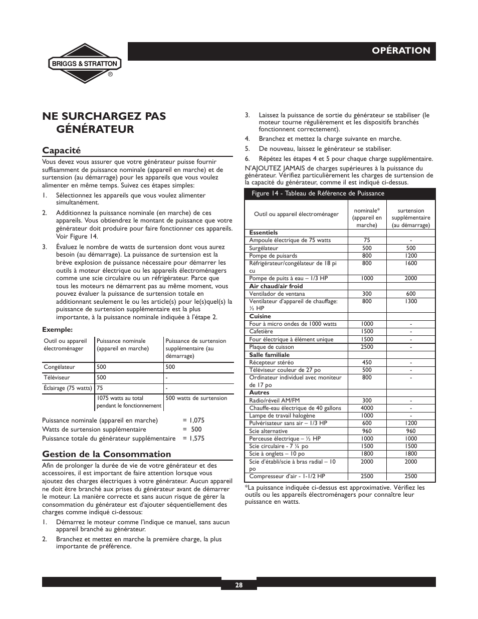 Ne surchargez pas générateur, Opération, Capacité | Gestion de la consommation | Briggs & Stratton 01532-4 User Manual | Page 28 / 48