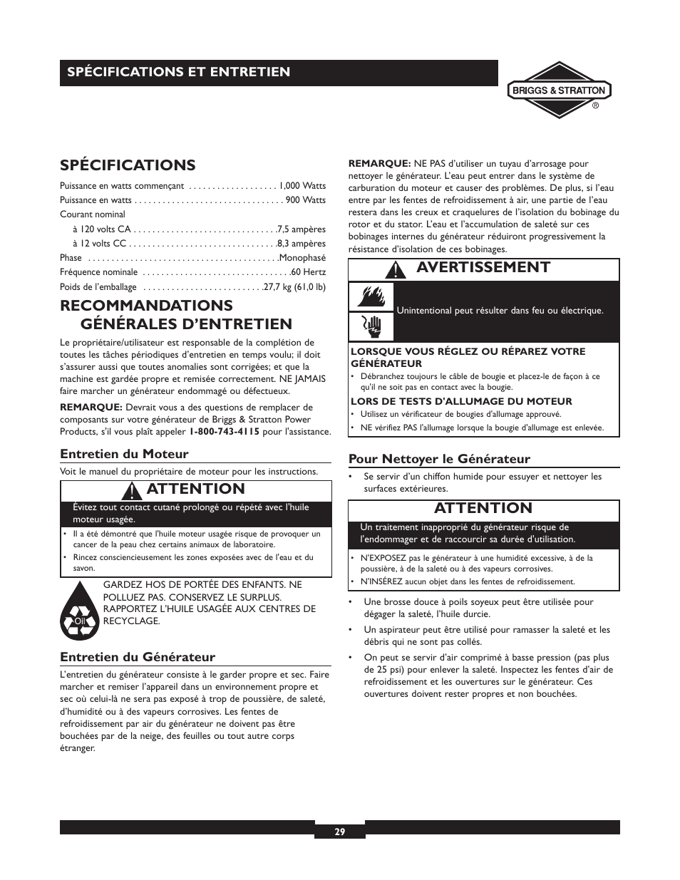 Spécifications, Recommandations générales d’entretien, Attention | Avertissement | Briggs & Stratton 01532-4 User Manual | Page 29 / 48