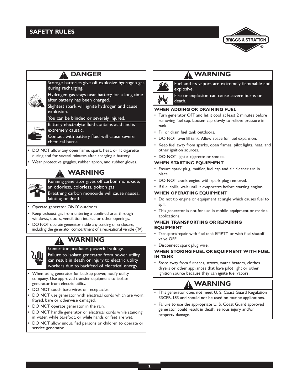 Warning, Danger | Briggs & Stratton 01532-4 User Manual | Page 3 / 48