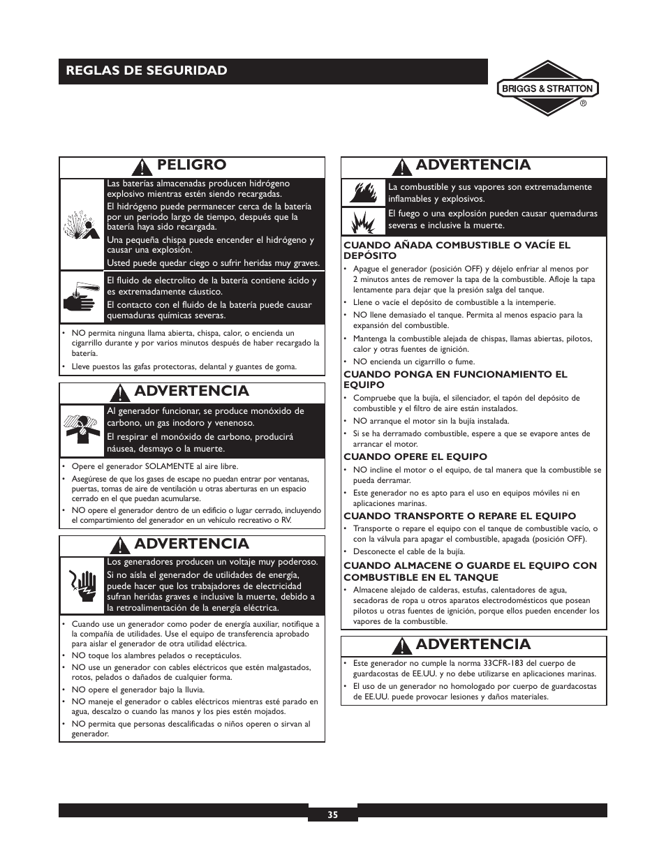 Advertencia, Peligro, Reglas de seguridad | Briggs & Stratton 01532-4 User Manual | Page 35 / 48