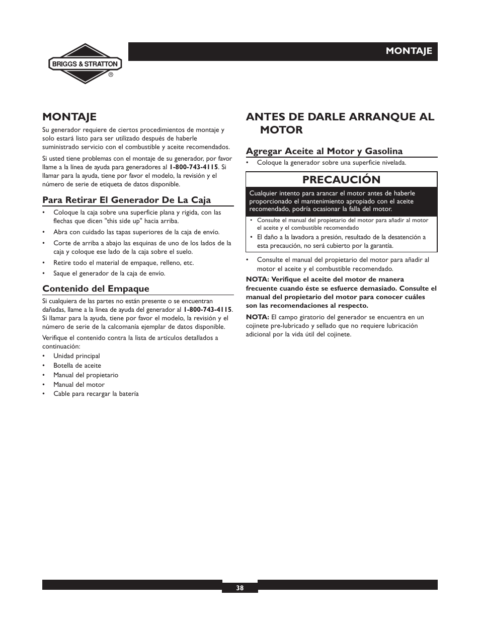 Montaje, Antes de darle arranque al motor, Precaución | Briggs & Stratton 01532-4 User Manual | Page 38 / 48