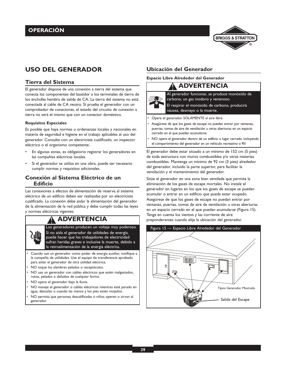 Uso del generador, Advertencia, Operación | Tierra del sistema, Conexión al sistema eléctrico de un edificio, Ubicación del generador | Briggs & Stratton 01532-4 User Manual | Page 39 / 48