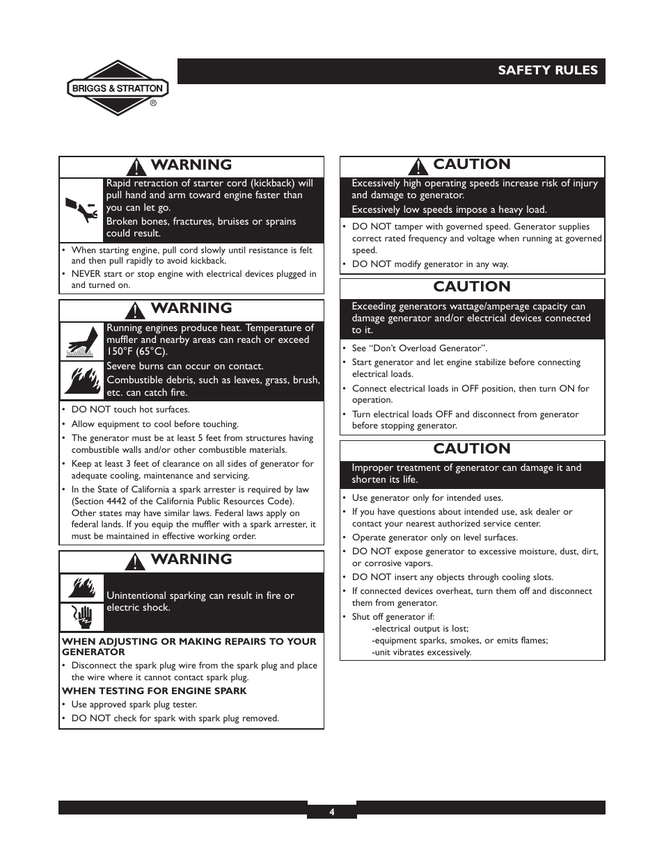 Caution, Warning | Briggs & Stratton 01532-4 User Manual | Page 4 / 48