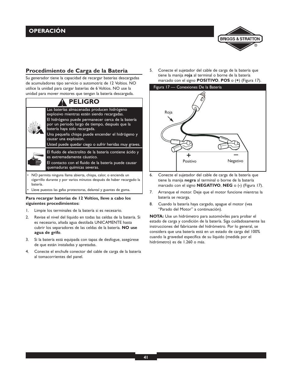Peligro, Operación, Procedimiento de carga de la bateria | Briggs & Stratton 01532-4 User Manual | Page 41 / 48
