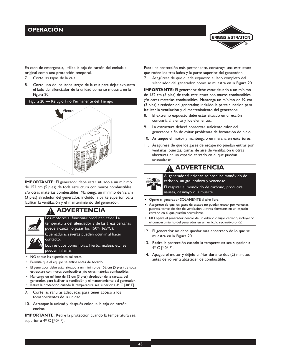 Advertencia, Operación | Briggs & Stratton 01532-4 User Manual | Page 43 / 48