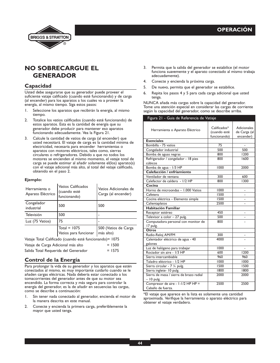 No sobrecargue el generador, Operación, Capacidad | Control de la energía | Briggs & Stratton 01532-4 User Manual | Page 44 / 48