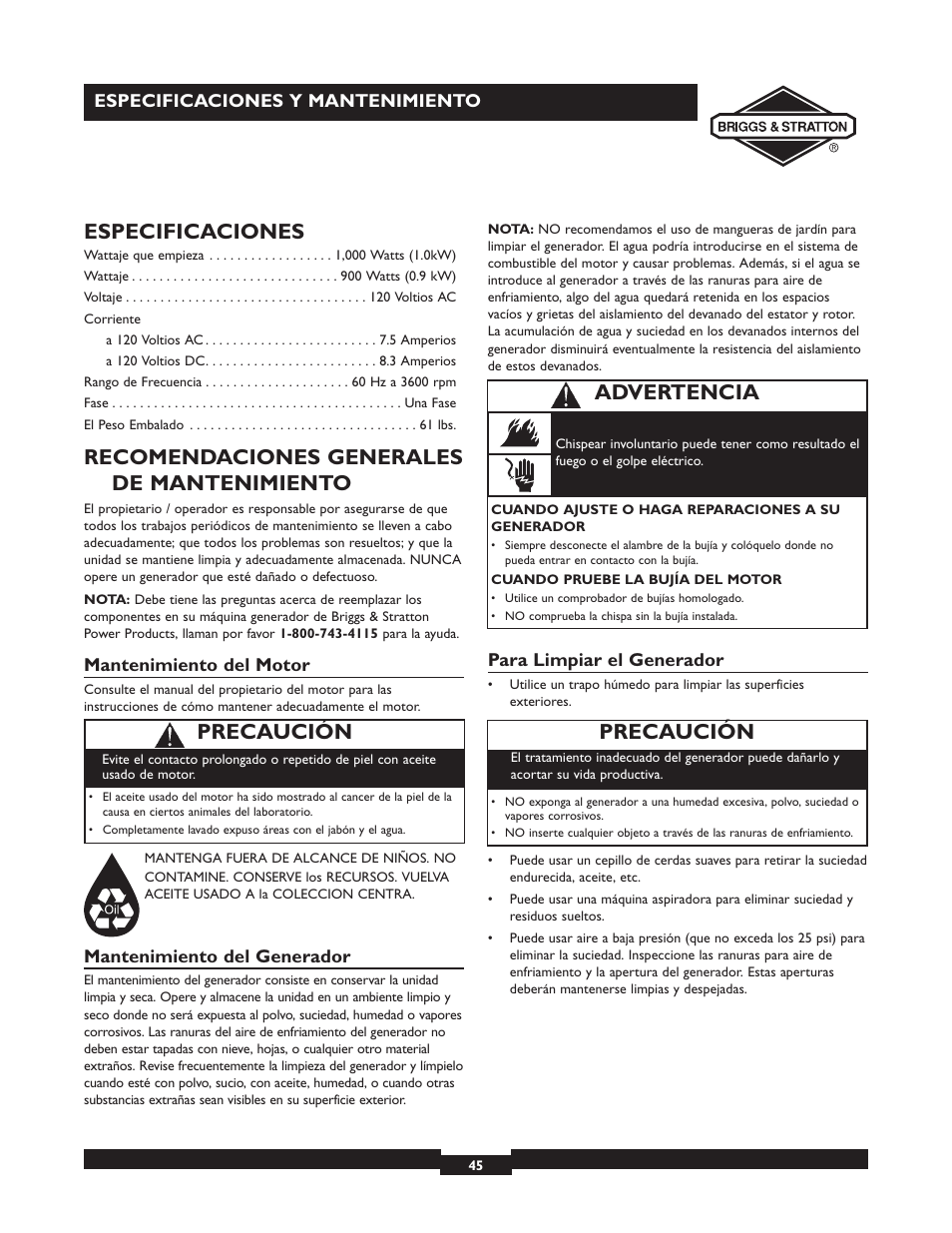 Especificaciones, Recomendaciones generales de mantenimiento, Precaución | Advertencia | Briggs & Stratton 01532-4 User Manual | Page 45 / 48