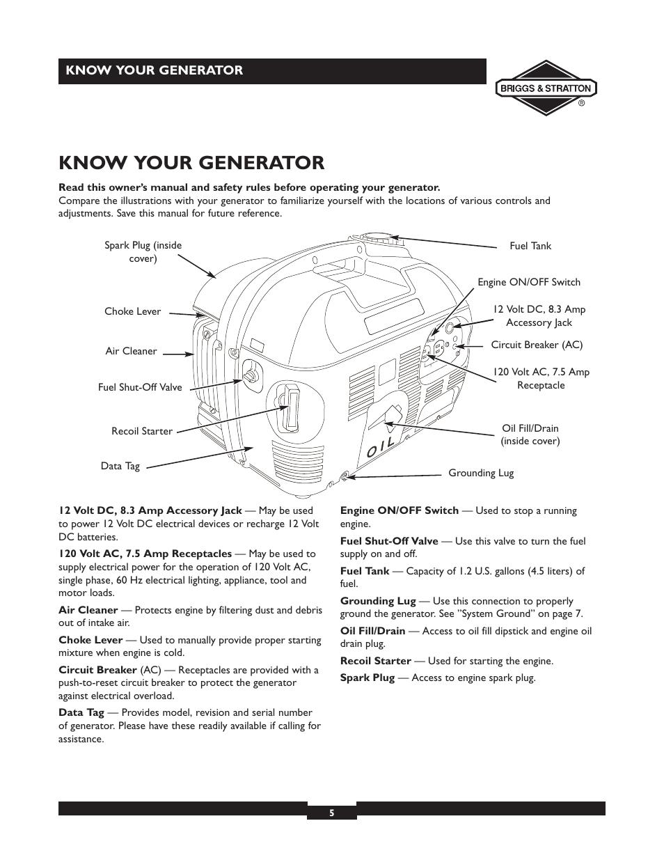 Know your generator | Briggs & Stratton 01532-4 User Manual | Page 5 / 48