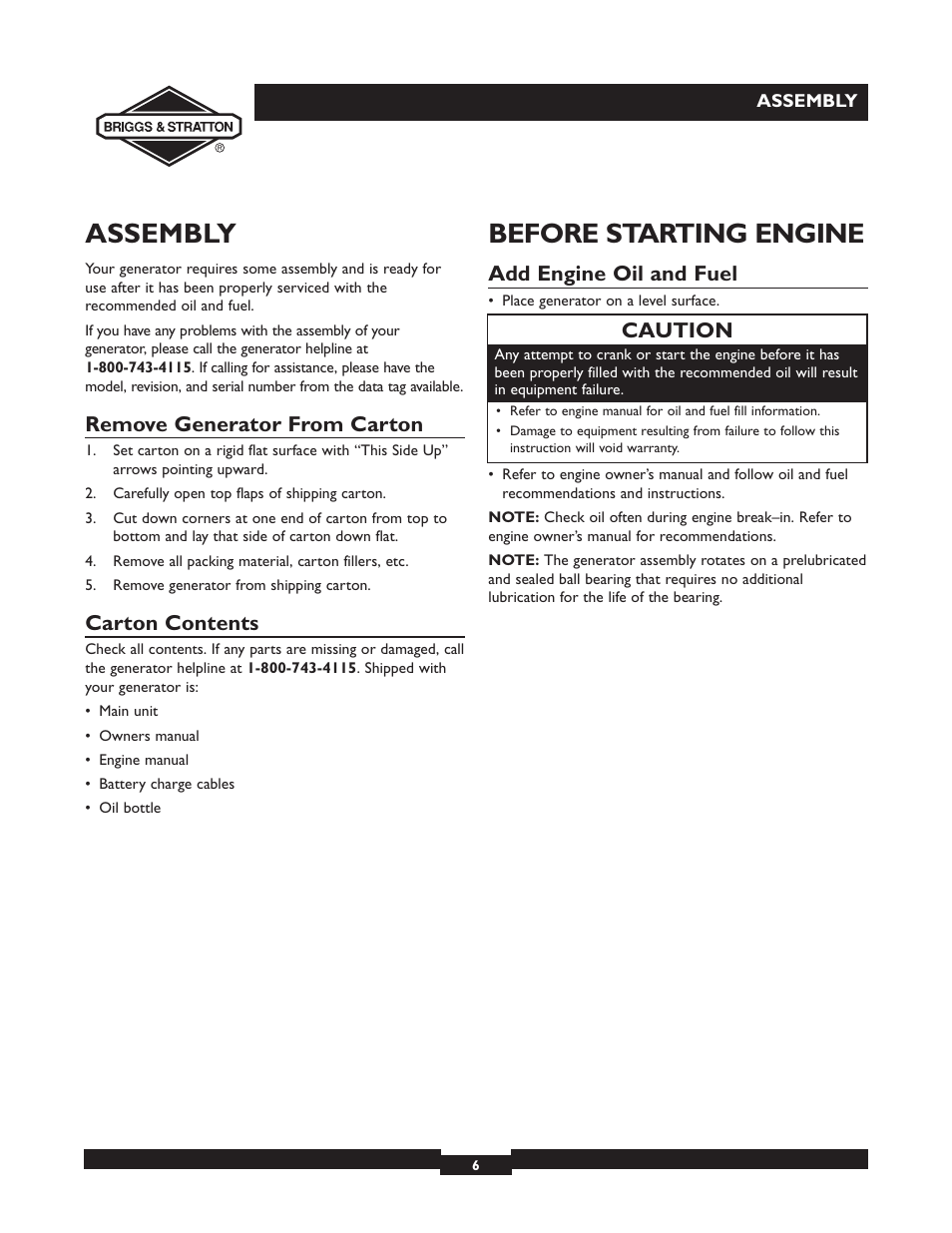 Assembly, Before starting engine, Remove generator from carton | Carton contents, Add engine oil and fuel, Caution | Briggs & Stratton 01532-4 User Manual | Page 6 / 48