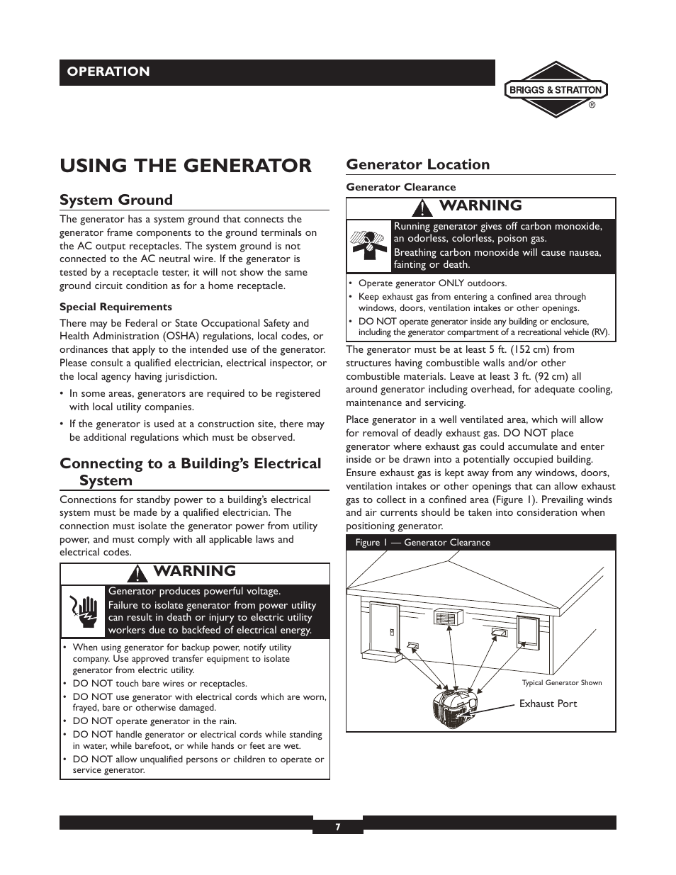 Using the generator, System ground, Connecting to a building’s electrical system | Generator location, Warning | Briggs & Stratton 01532-4 User Manual | Page 7 / 48