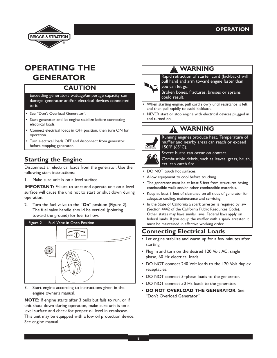 Operating the generator, Starting the engine, Connecting electrical loads | Caution, Warning | Briggs & Stratton 01532-4 User Manual | Page 8 / 48
