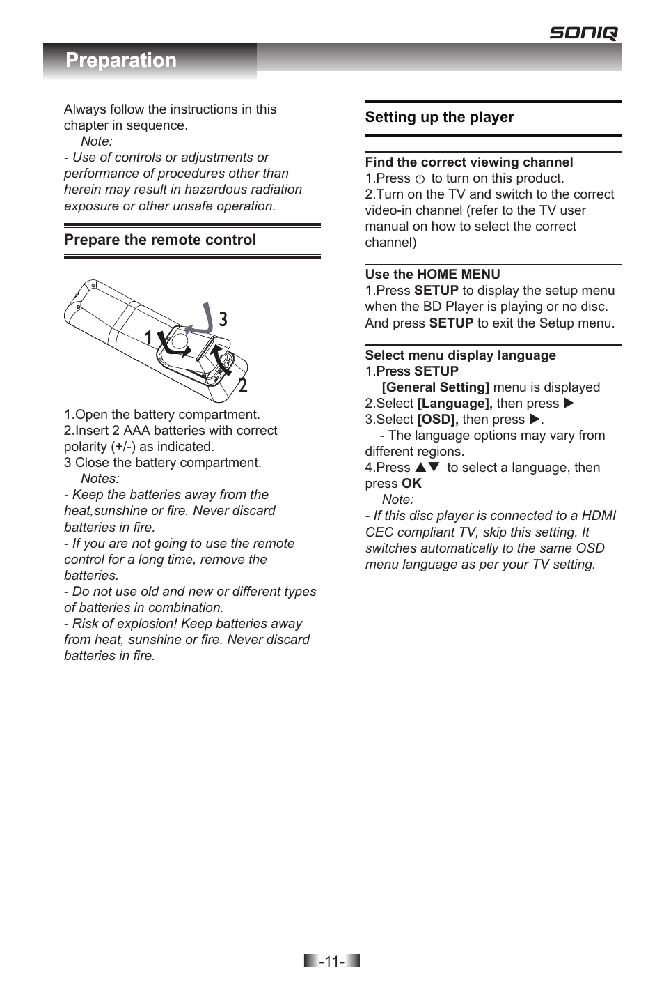 Preparation | SONIQ QPB302B User Manual | Page 11 / 26