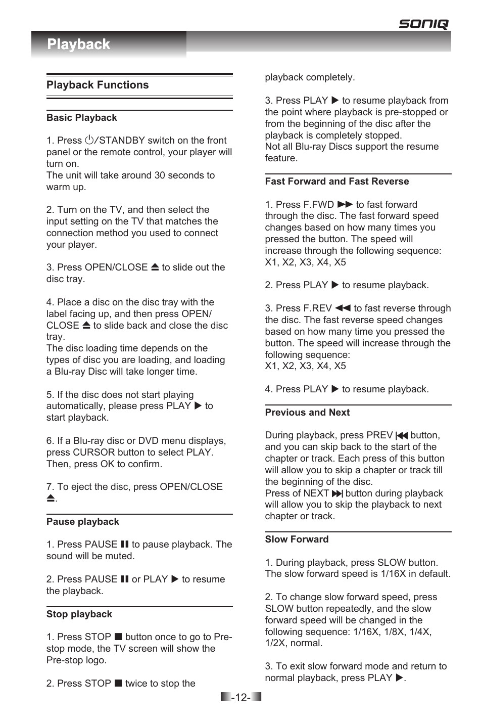 Playback | SONIQ QPB302B User Manual | Page 12 / 26