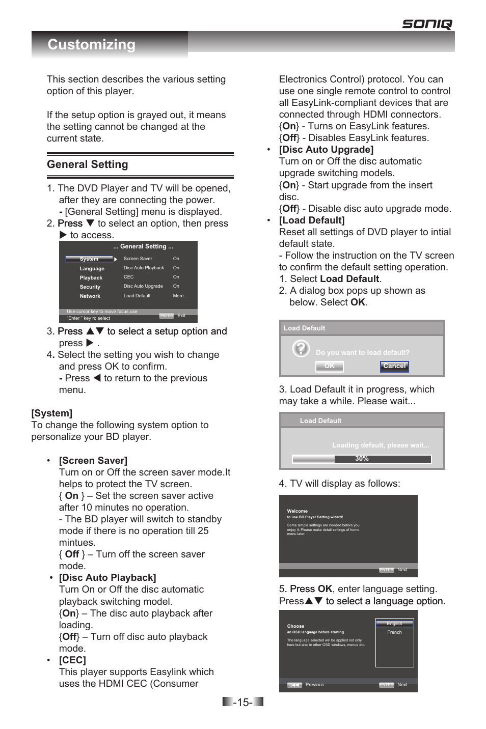 Customizing, General setting | SONIQ QPB302B User Manual | Page 15 / 26