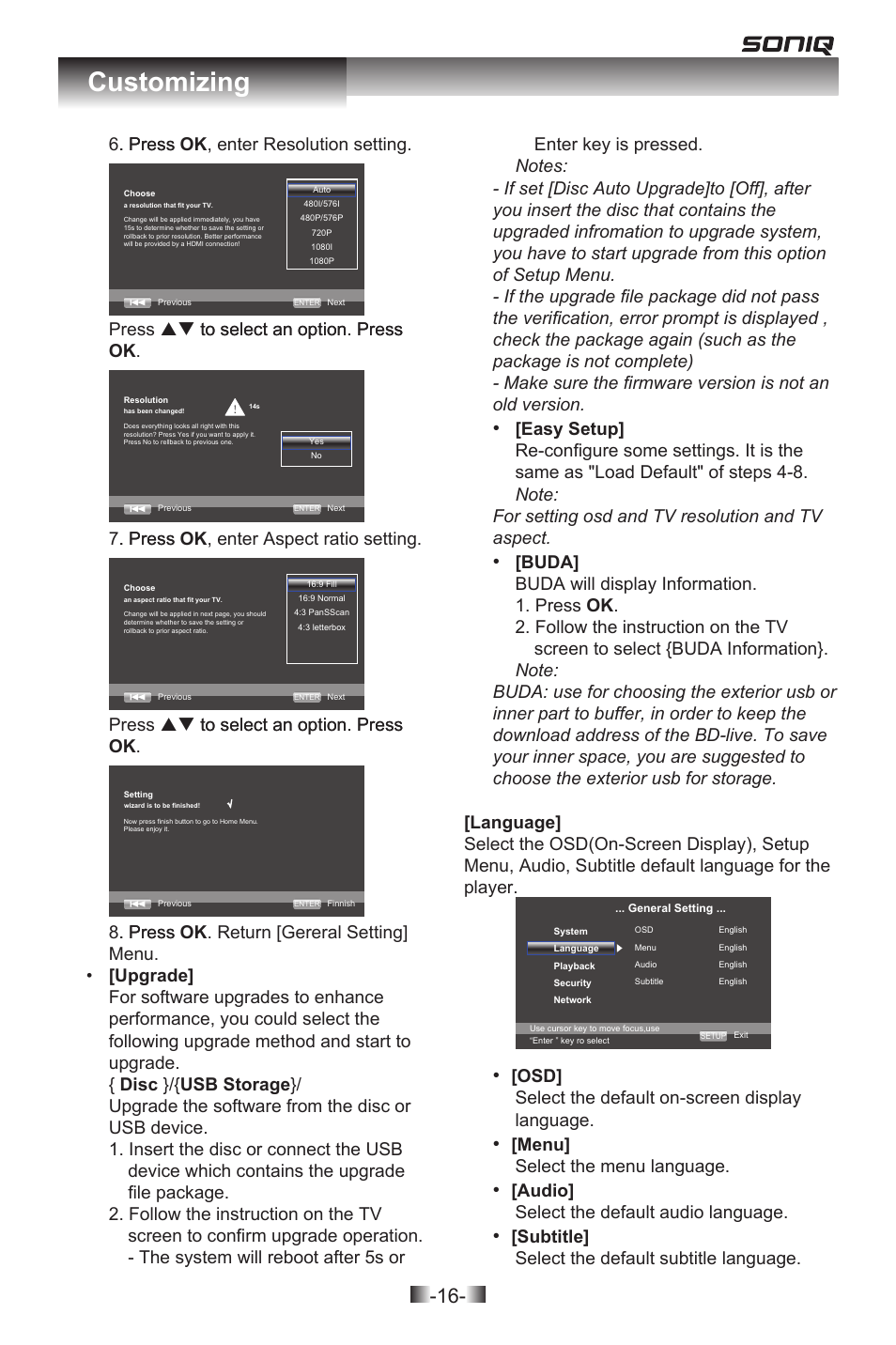 Customizing, Press . press ok , enter resolution setting, Press . press ok , enter aspect ratio setting | Osd] select the default on-screen display language, Menu] select the menu language, Audio] select the default audio language, Subtitle] select the default subtitle language | SONIQ QPB302B User Manual | Page 16 / 26