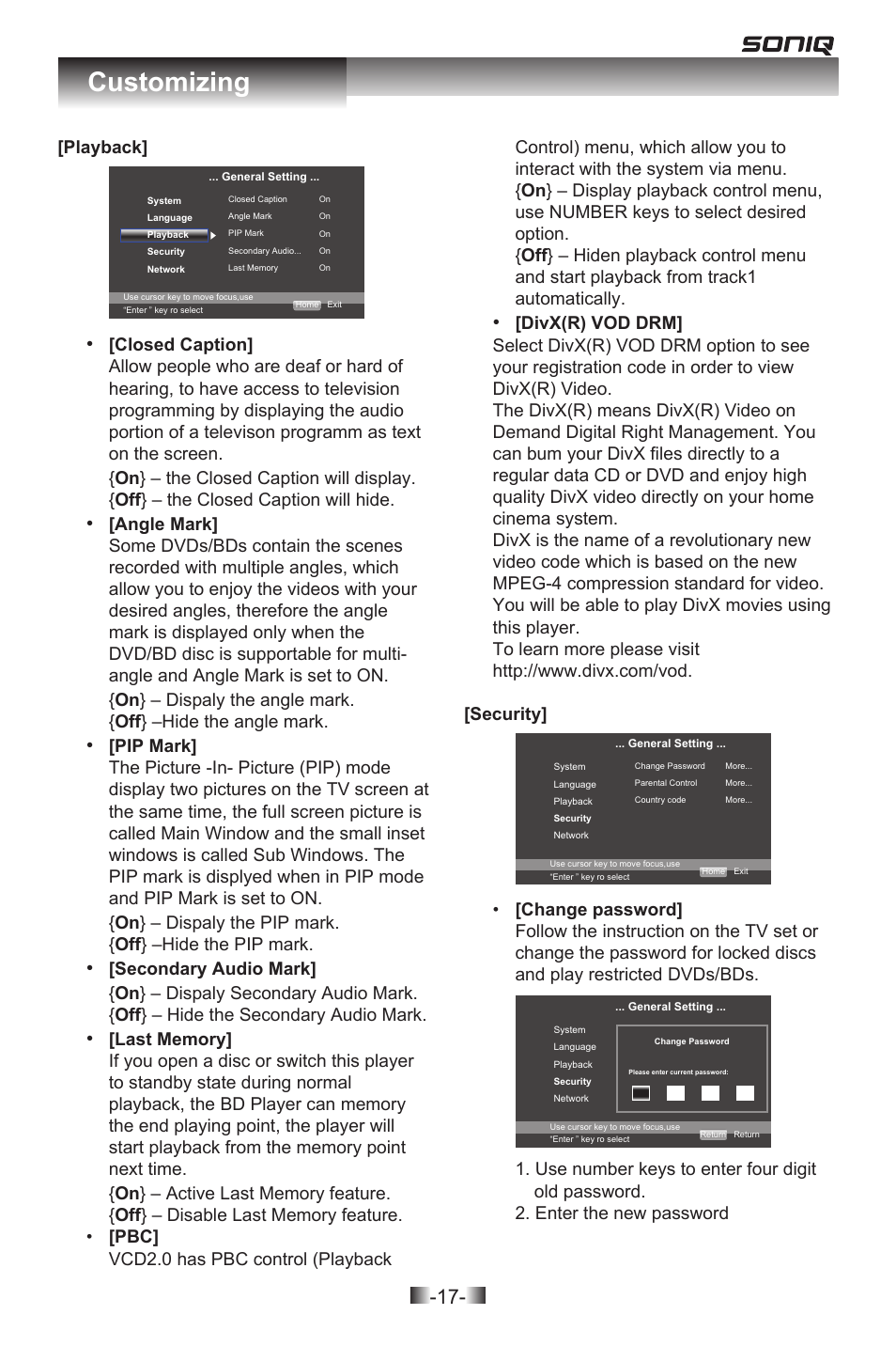 Customizing | SONIQ QPB302B User Manual | Page 17 / 26