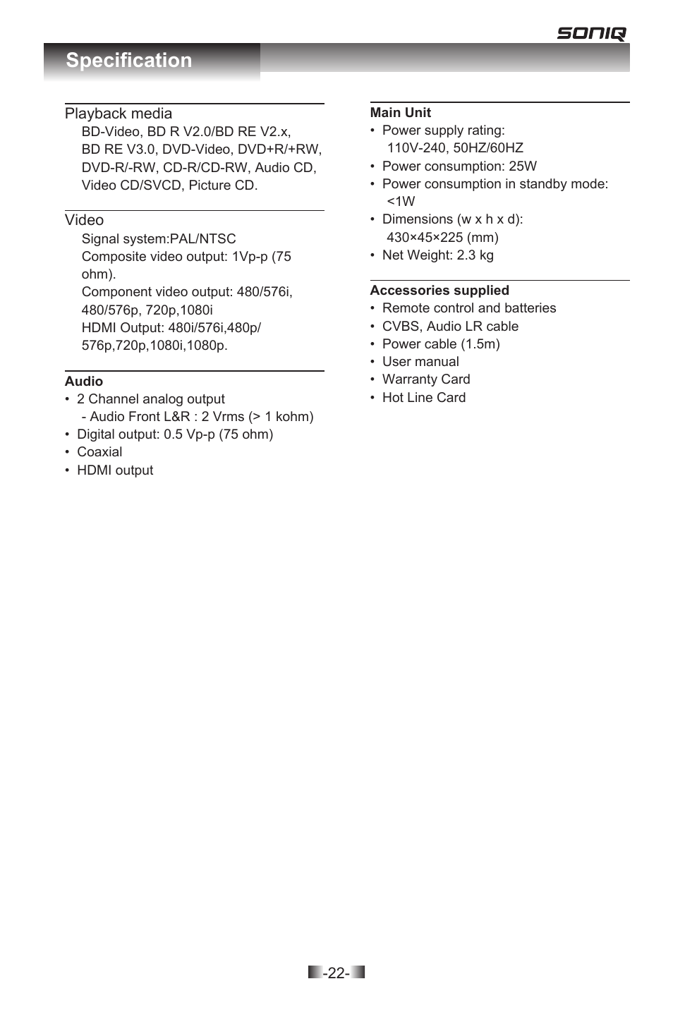 Specification | SONIQ QPB302B User Manual | Page 22 / 26