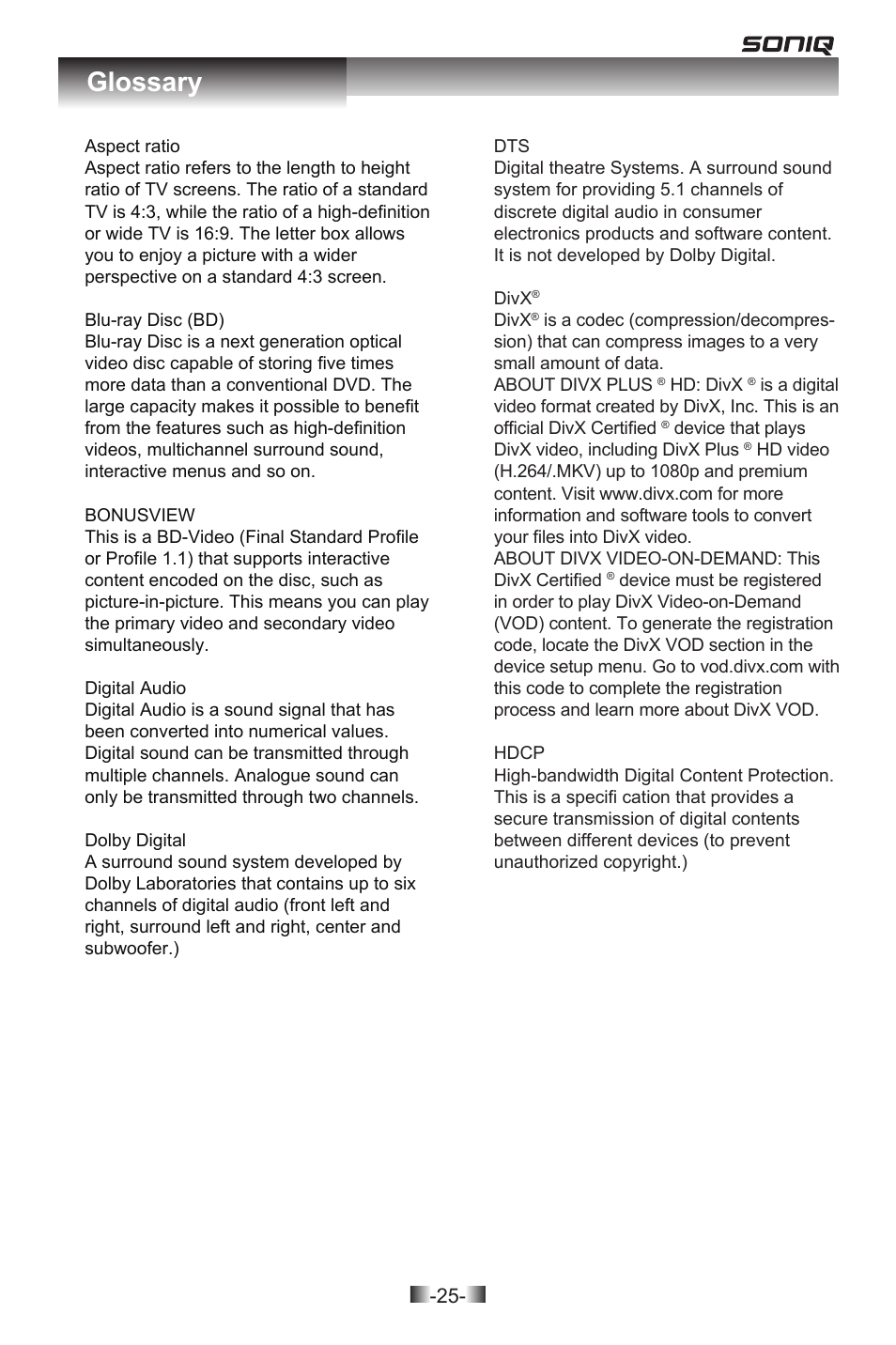 Glossary | SONIQ QPB302B User Manual | Page 25 / 26