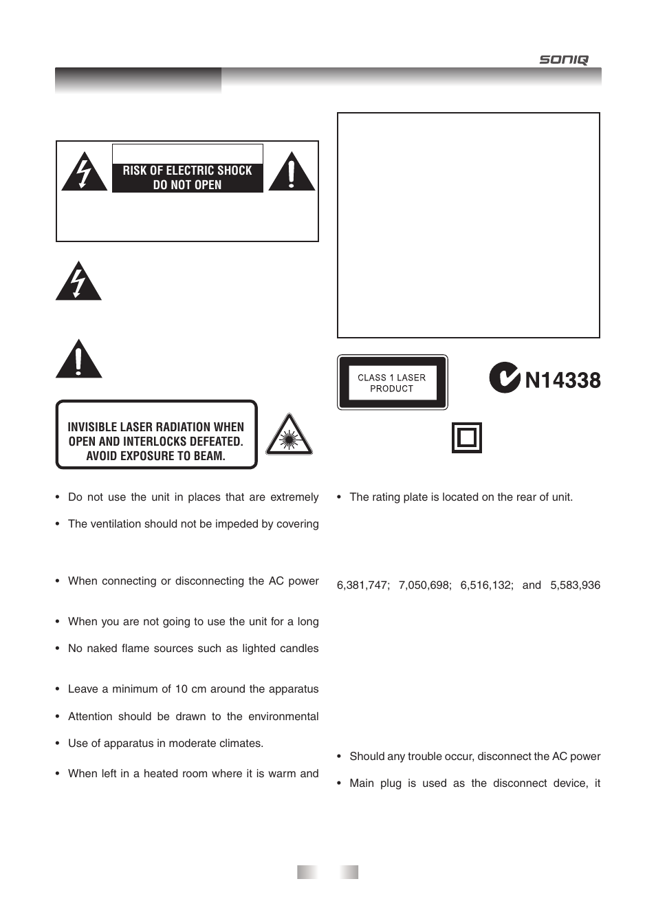 Caution, Safety precautions | SONIQ QPI600B User Manual | Page 2 / 24