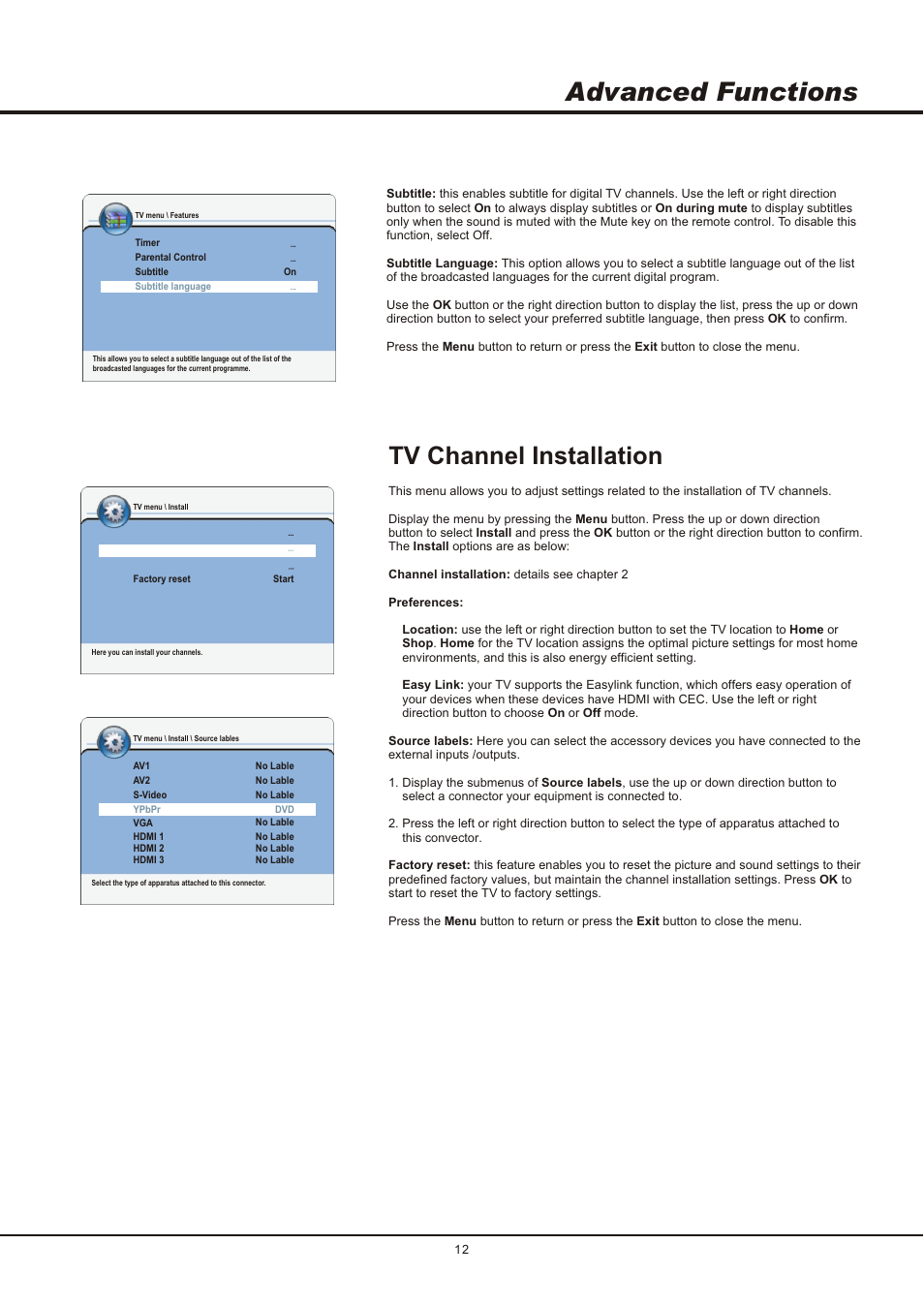Advanced functions, Tv channel installation | SONIQ QSL326T User Manual | Page 12 / 14