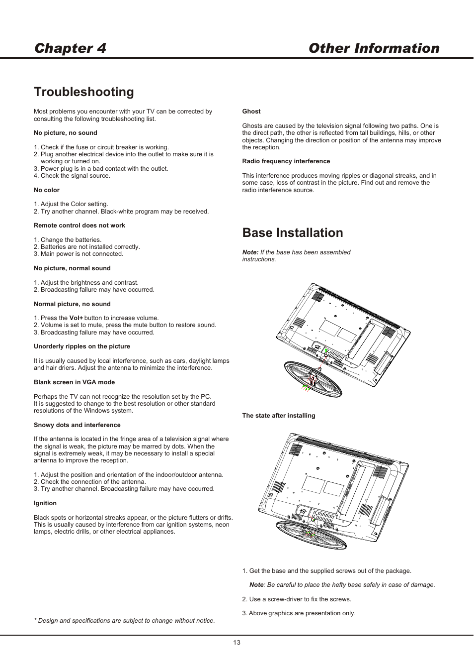 Chapter 4 other information, Troubleshooting, Base installation | SONIQ QSL326T User Manual | Page 13 / 14