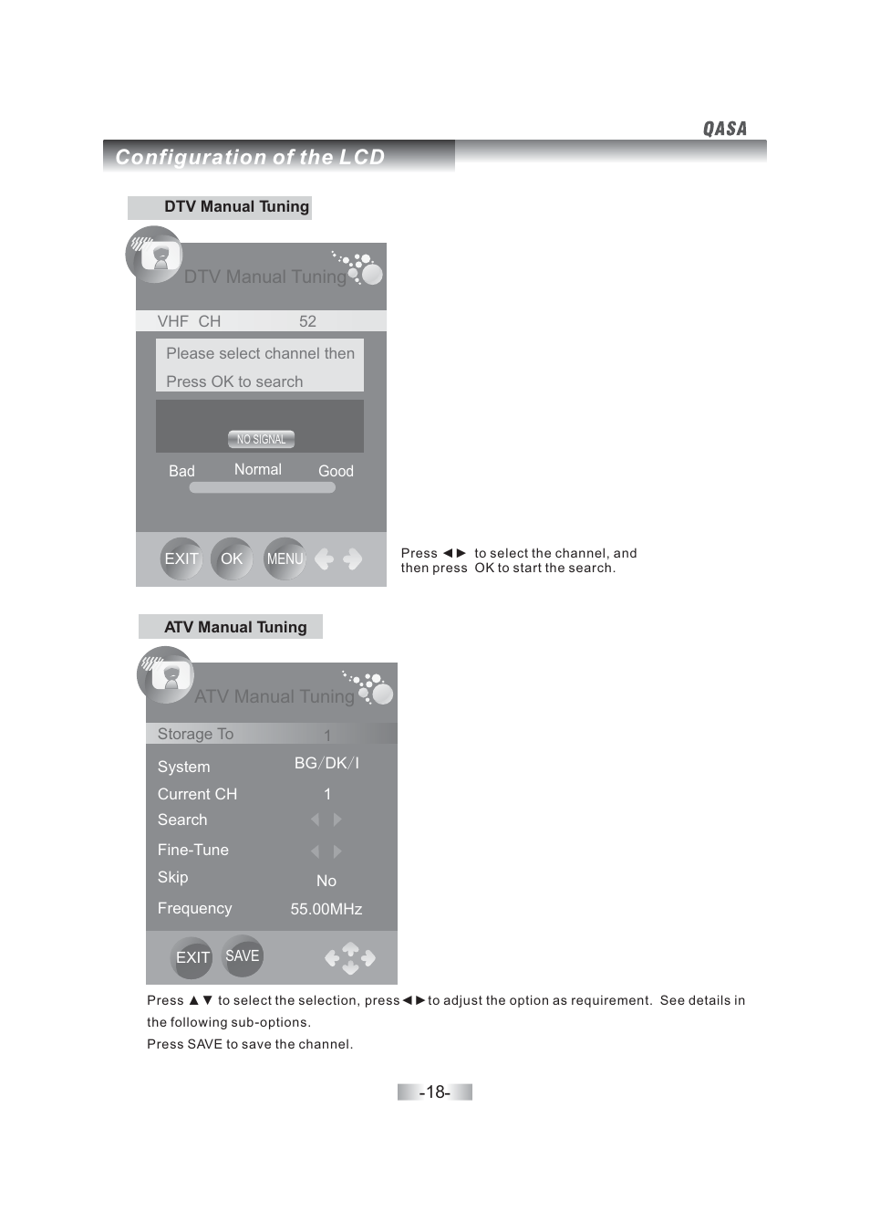 Configuration of the lcd, Atv manual tuning, Dtv manual tuning | SONIQ QSL402XT User Manual | Page 20 / 32