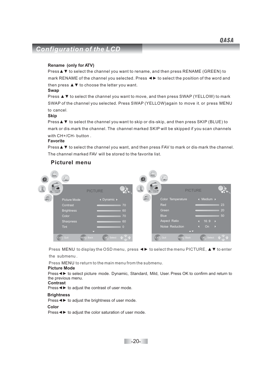 Configuration of the lcd, Picturei menu | SONIQ QSL402XT User Manual | Page 22 / 32