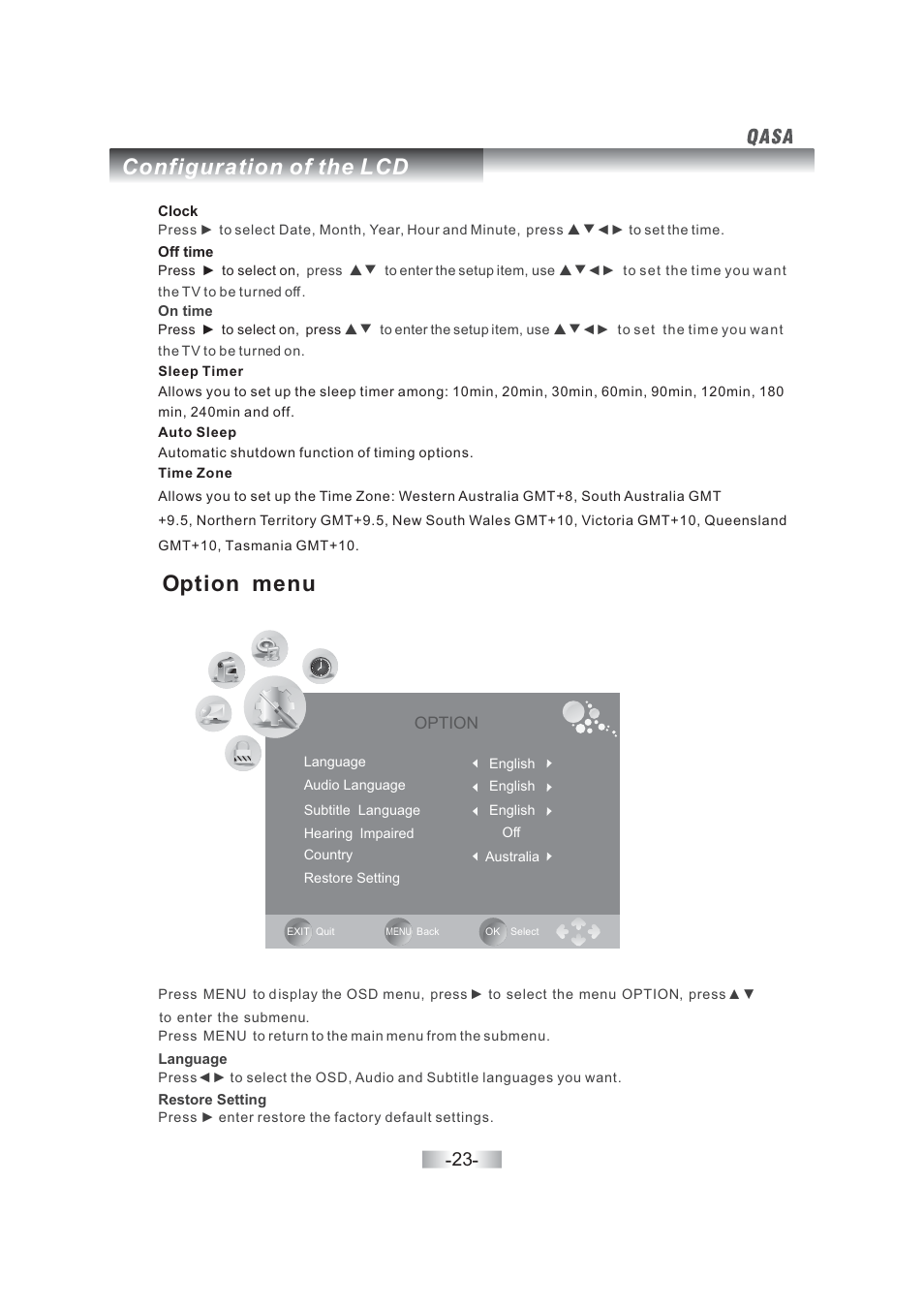 Option menu, Configuration of the lcd | SONIQ QSL402XT User Manual | Page 25 / 32