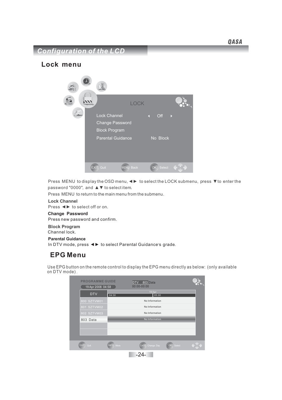 Lock menu epg menu, Configuration of the lcd, Lock | SONIQ QSL402XT User Manual | Page 26 / 32