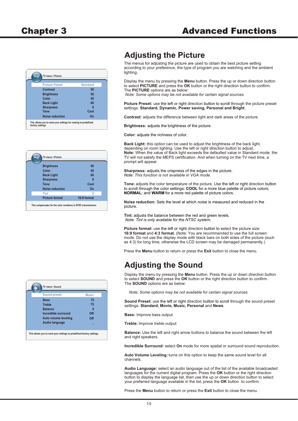 Advanced functions chapter 3, Adjusting the sound, Adjusting the picture | SONIQ QSL423XT User Manual | Page 10 / 14