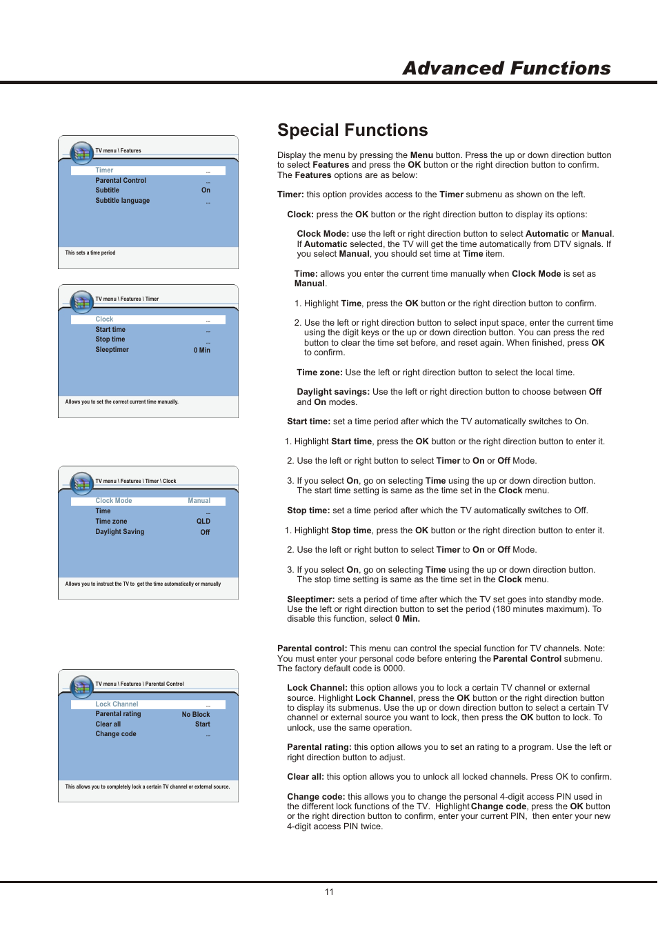 Advanced functions, Special functions | SONIQ QSL423XT User Manual | Page 11 / 14