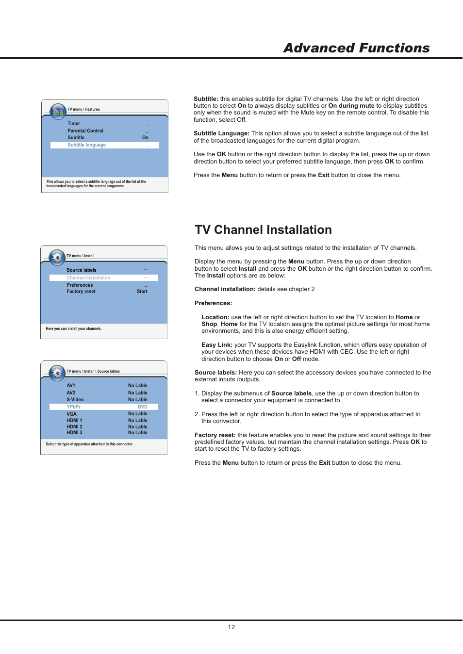 Advanced functions, Tv channel installation | SONIQ QSL423XT User Manual | Page 12 / 14