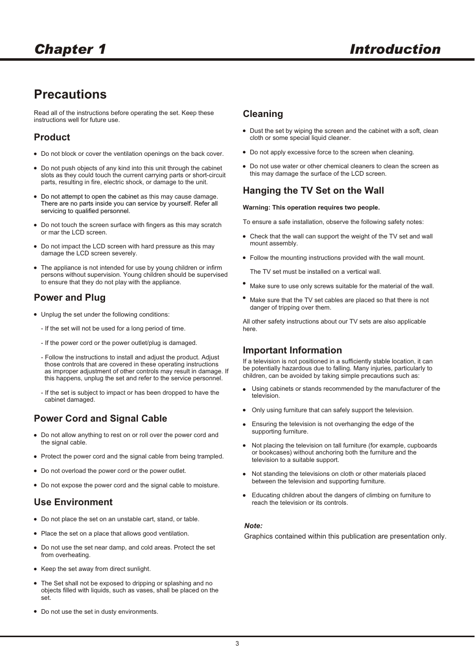 Introduction, Chapter 1, Precautions | Product, Cleaning, Power and plug, Power cord and signal cable, Use environment hanging the tv set on the wall, Important information | SONIQ QSL423XT User Manual | Page 3 / 14