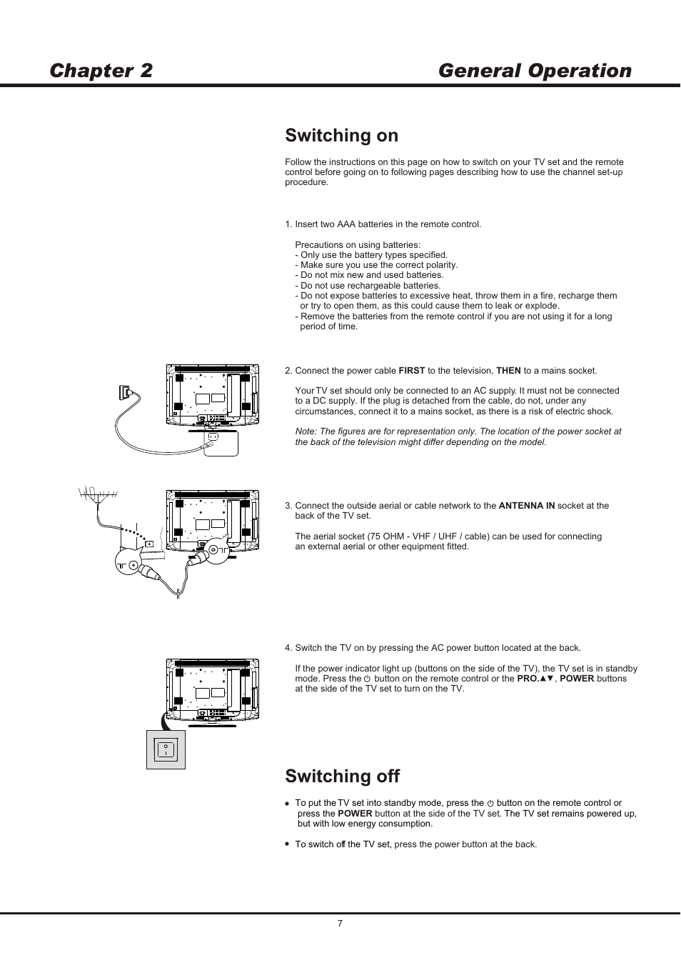 Chapter 2 general operation, Switching on, Switching off | SONIQ QSL423XT User Manual | Page 7 / 14