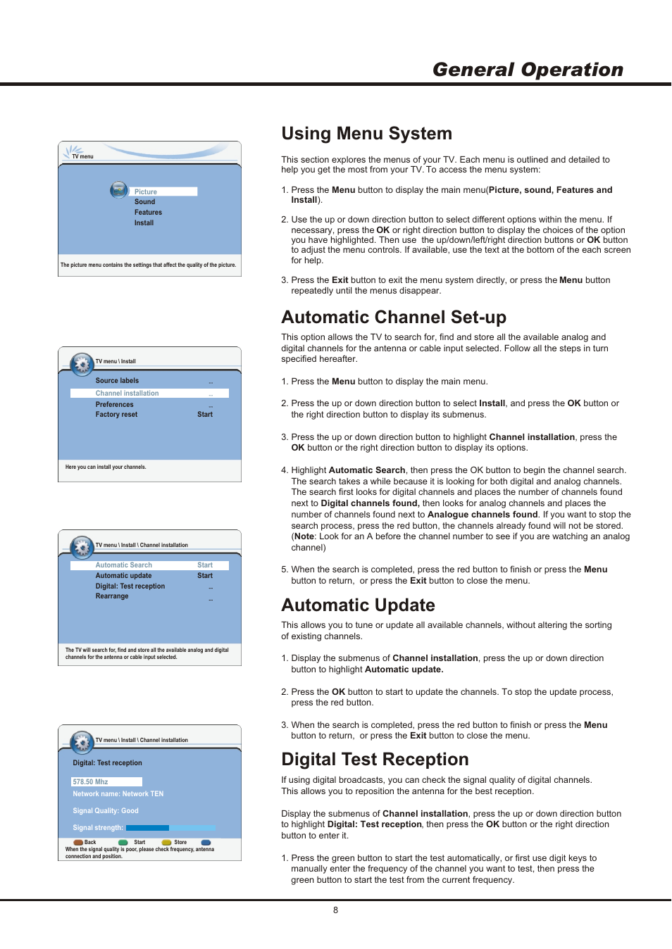 General operation, Automatic channel set-up, Using menu system | Automatic update digital test reception | SONIQ QSL423XT User Manual | Page 8 / 14
