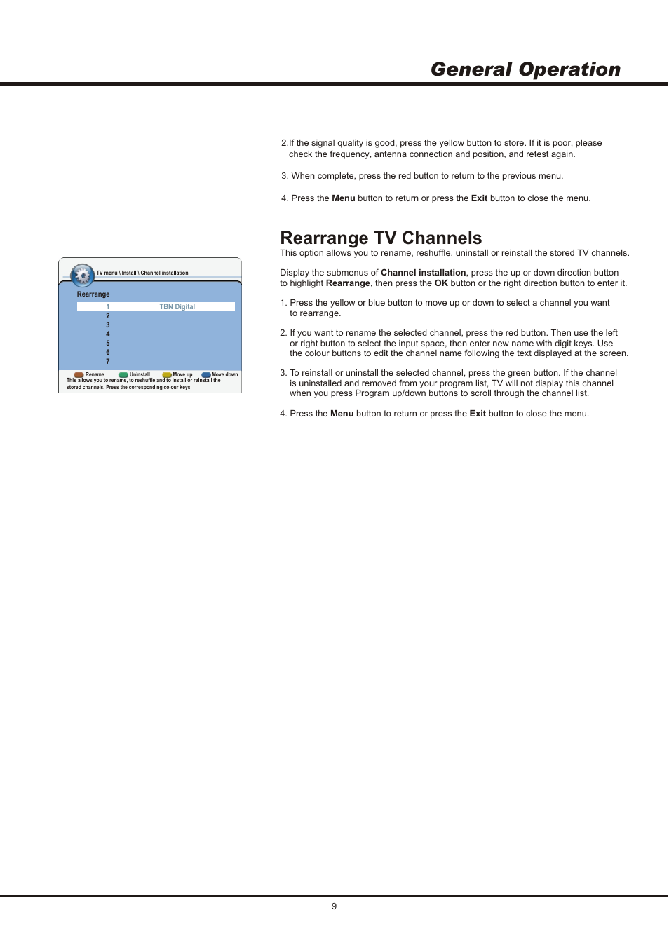 General operation, Rearrange tv channels | SONIQ QSL423XT User Manual | Page 9 / 14