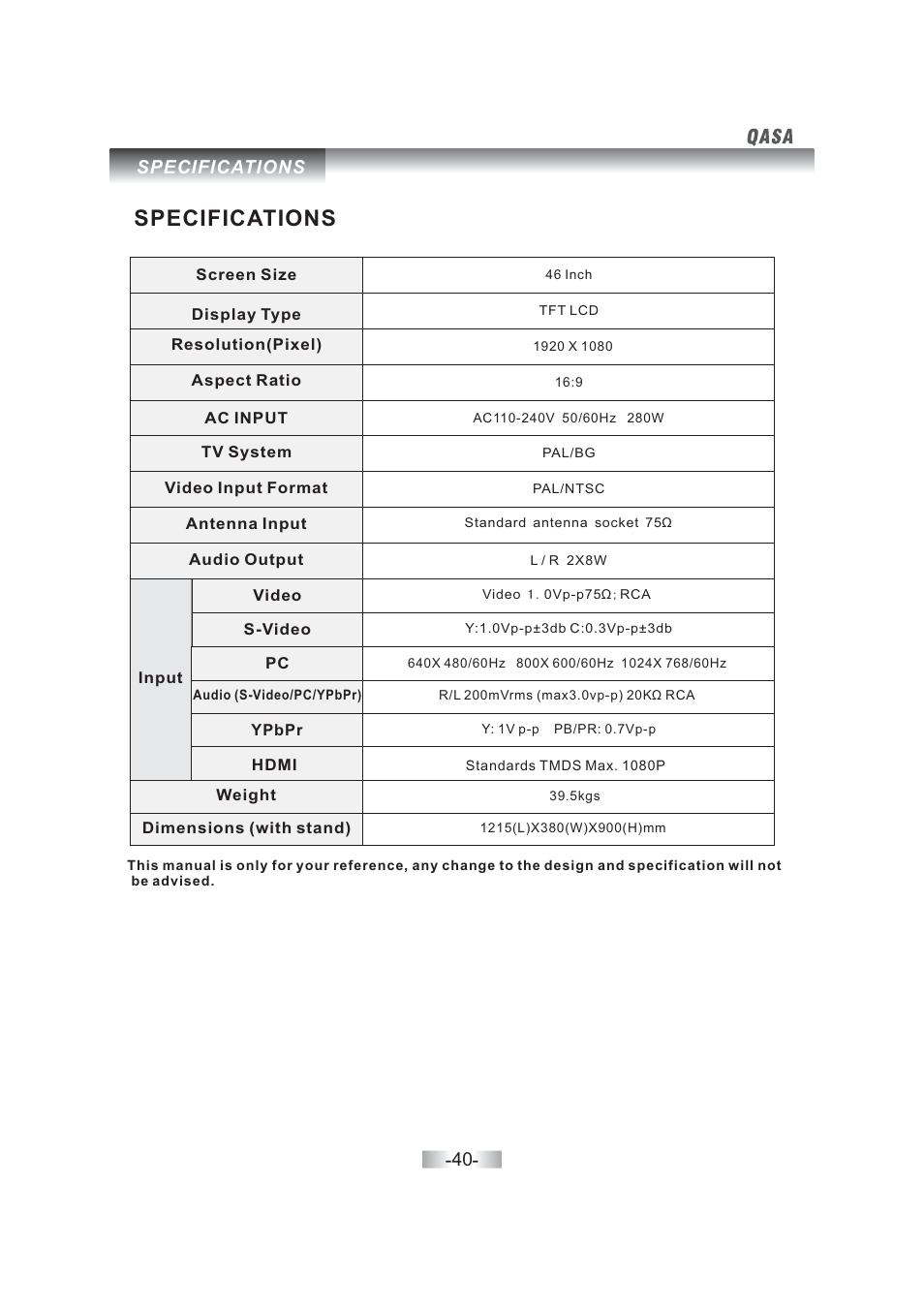 Specifications, Specifications 40 | SONIQ QSL460XT User Manual | Page 42 / 44