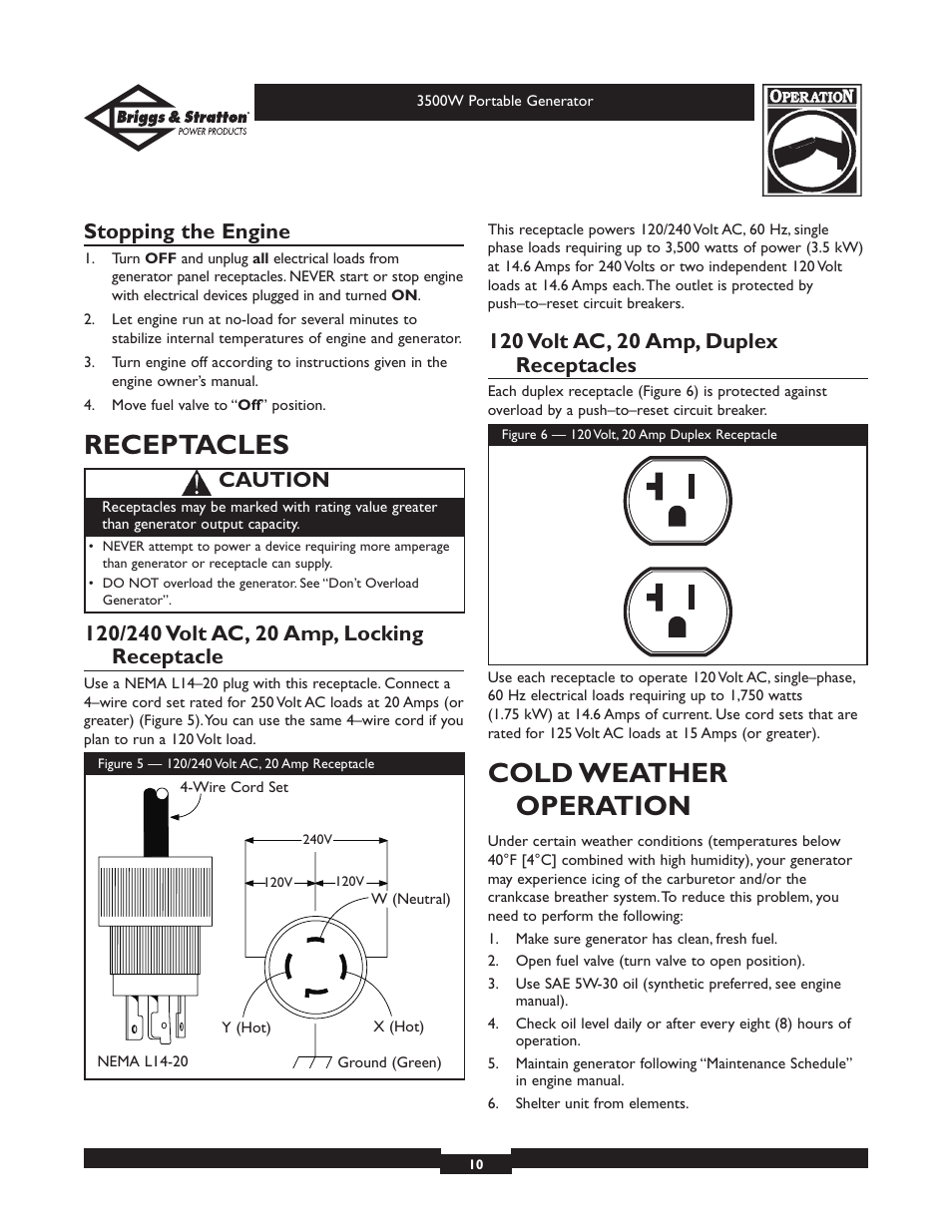 Receptacles, Cold weather operation, Stopping the engine | Caution | Briggs & Stratton ELITE SERIES 30208 User Manual | Page 10 / 32