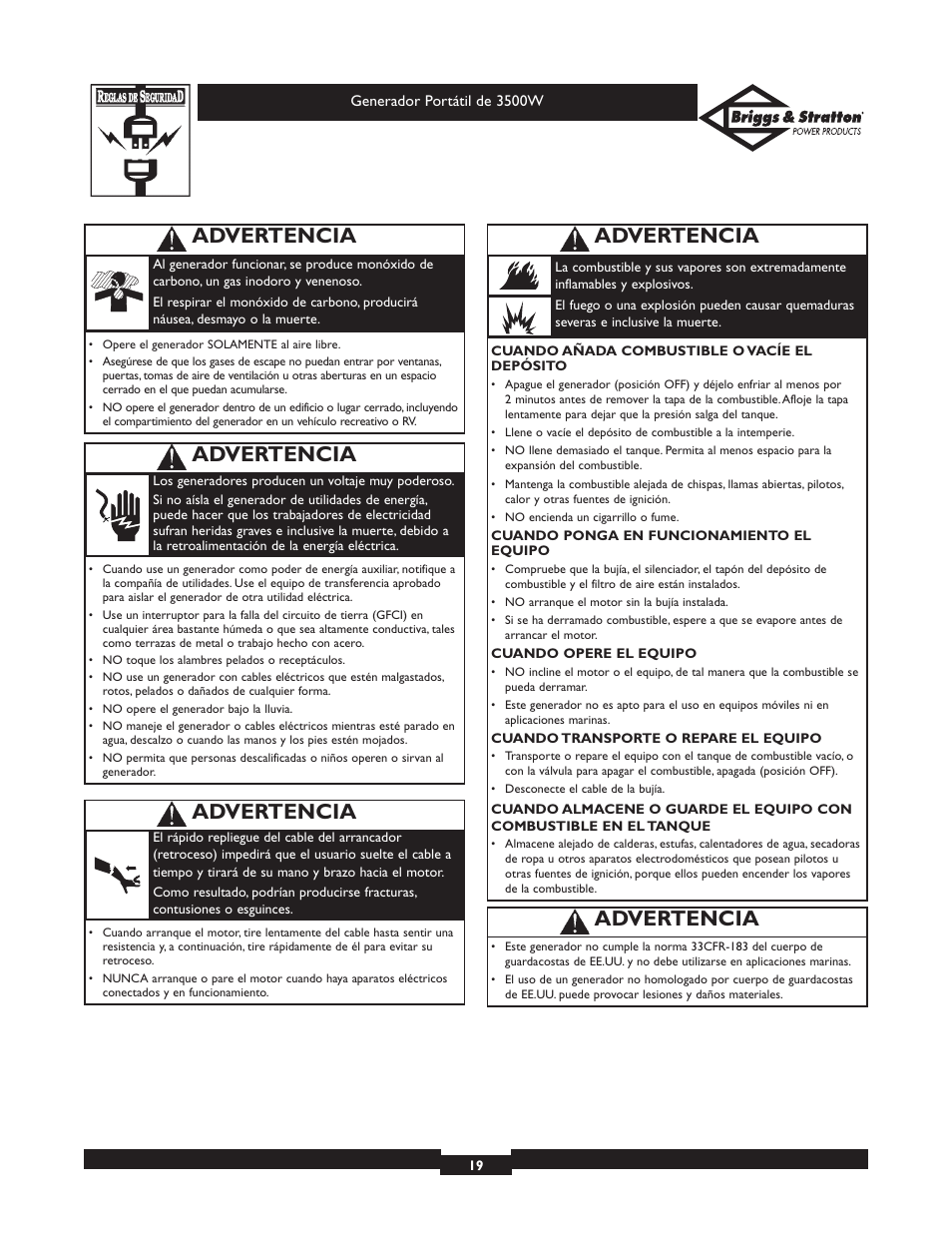 Advertencia | Briggs & Stratton ELITE SERIES 30208 User Manual | Page 19 / 32
