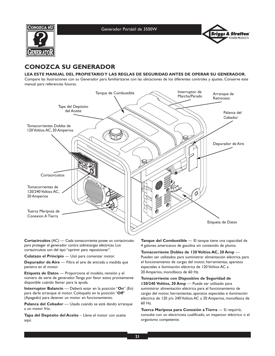 Conozca su generador | Briggs & Stratton ELITE SERIES 30208 User Manual | Page 21 / 32