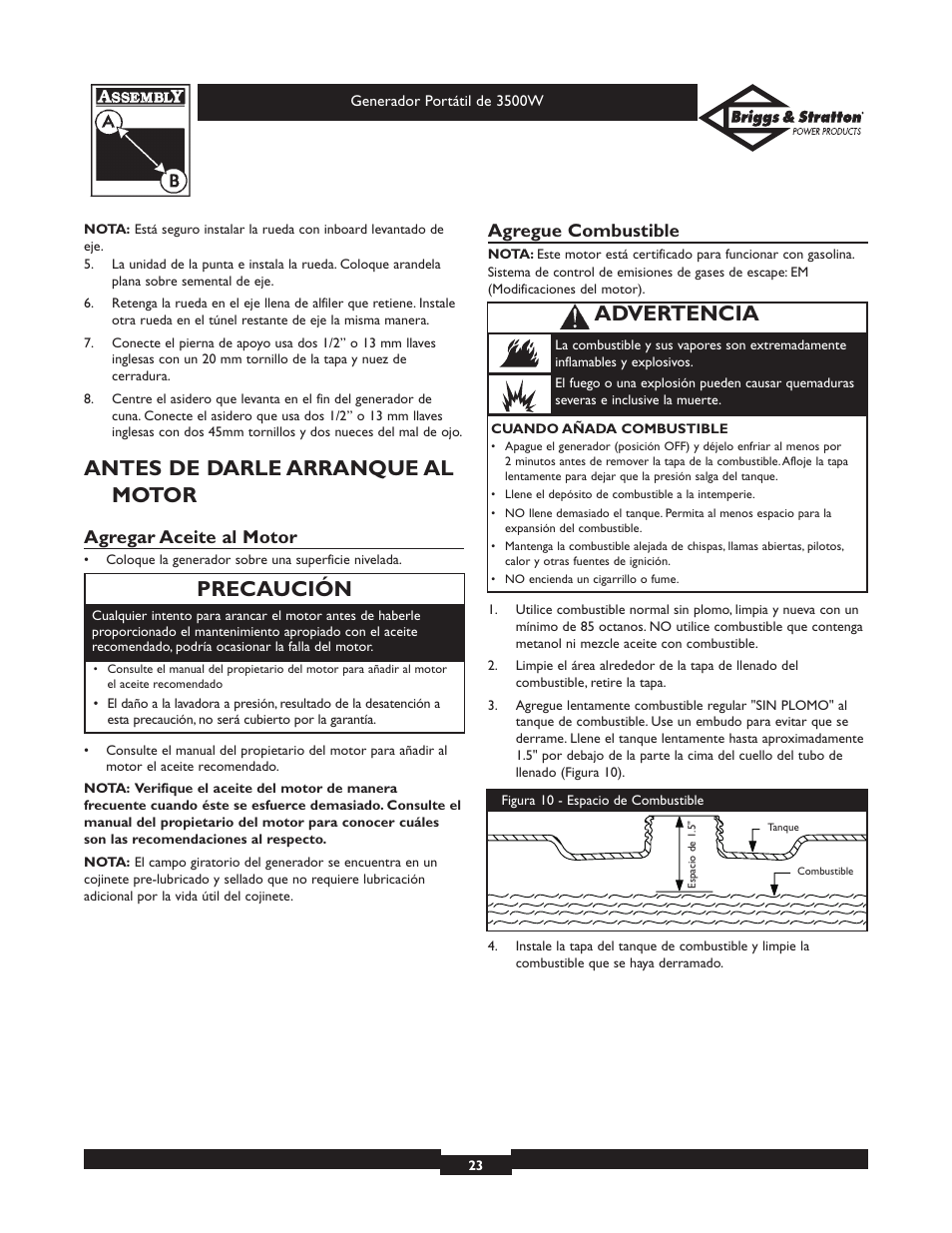 Antes de darle arranque al motor, Precaución, Advertencia | Agregar aceite al motor, Agregue combustible | Briggs & Stratton ELITE SERIES 30208 User Manual | Page 23 / 32
